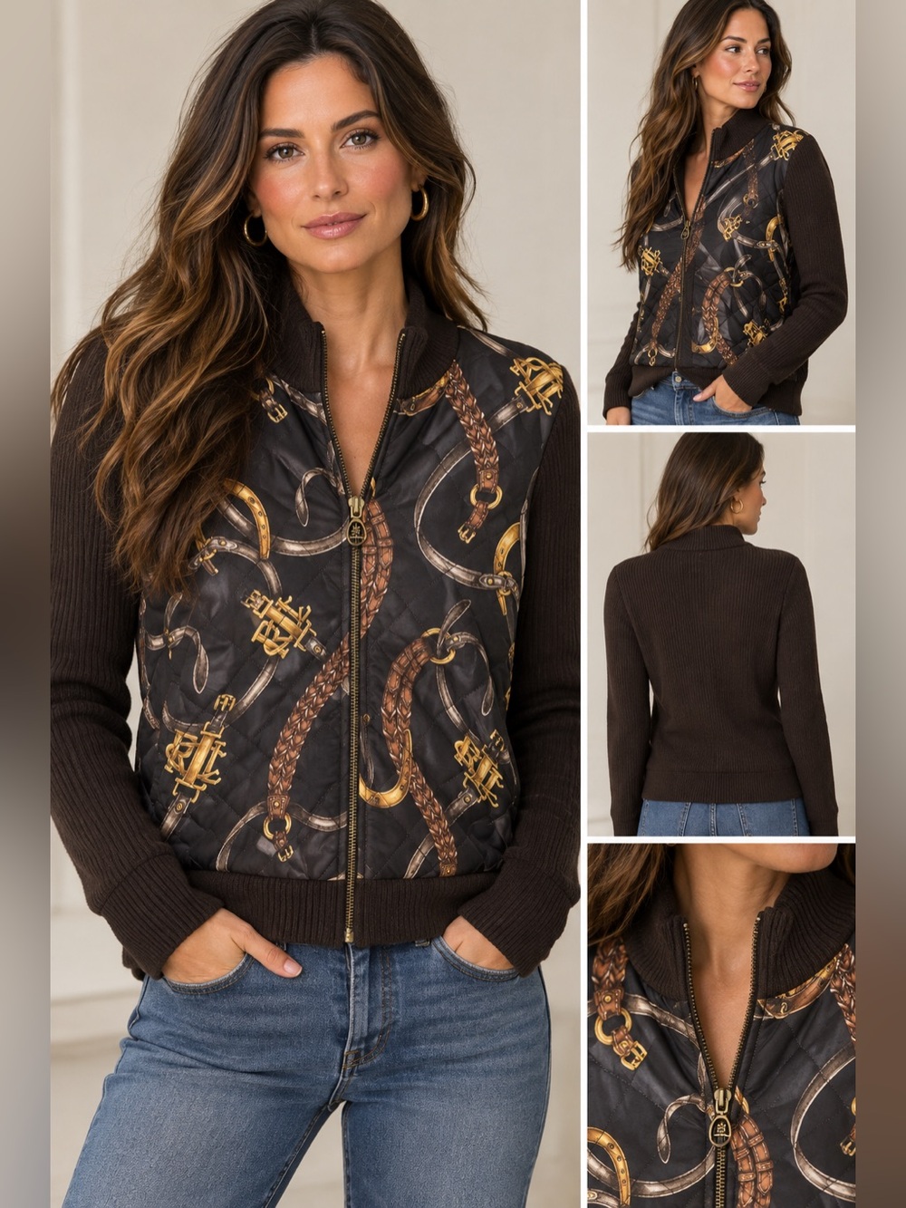 Vintage Ralph Lauren Equestrian Full Zip Sweater Brown Size 1X chains horseshoe